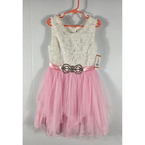Emily Rose Girls Pink Tulle Dress Embellished Bow Sequins Sz 7 - Picture 2 of 6